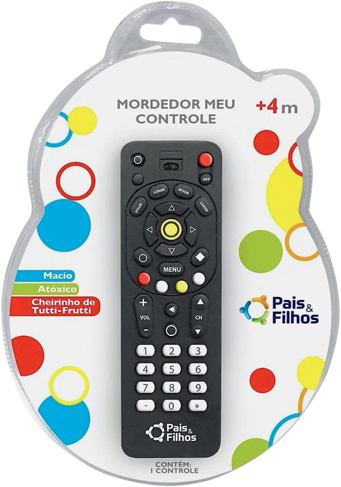 Controle de morder em embalagem branca com detalhes coloridos