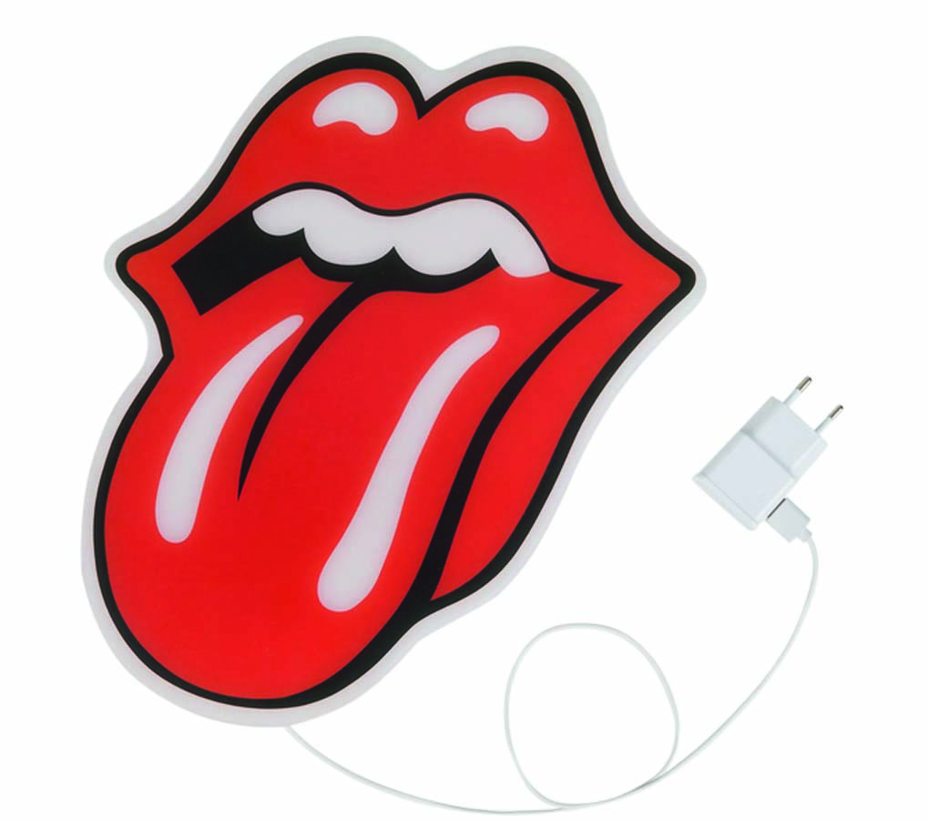 Lumin&aacute;ria de parede com o s&iacute;mbolo da bosa vermelha com a l&iacute;ngua para fora dos Rolling Stones