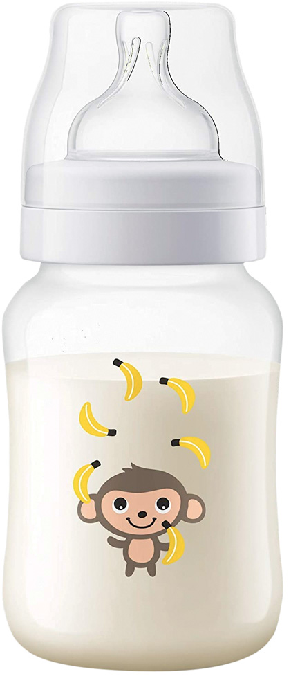 Mamadeira de pl&aacute;stico transparente com estampa de macaco fazendo malabares com bananas