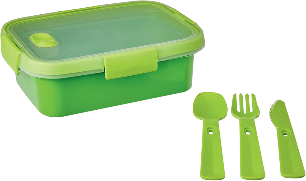 Marmiteira.jpg Pote verde limão com travas com uma colher, um garfo e uma faca da mesma cor dispostos ao lado