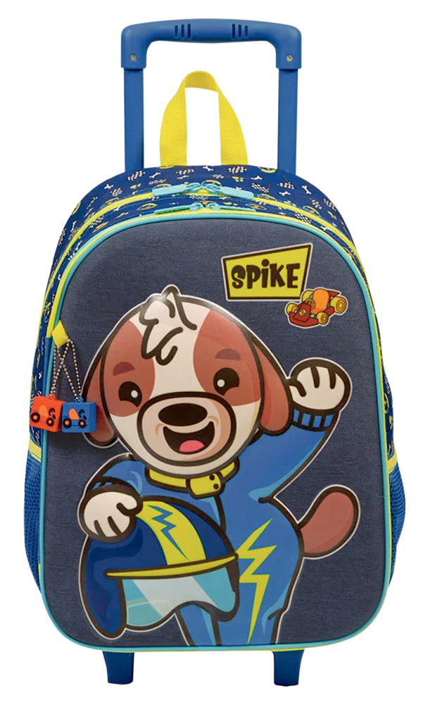 Mochila de rodinha.jpg Mochila com rodinhas para meninos. Possui estampa em alto relevo de Spike, um cachorro. Nas cores azul e amarela