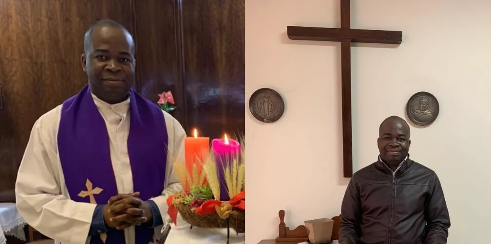 Montagem exibe duas imagens de padre negro de pé vestido com trajes de pároco.