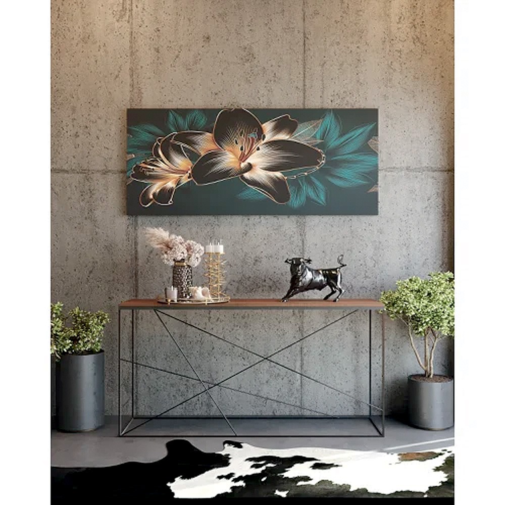 Aparador com p&eacute;s de metal preto, como linhas que atravessam as outras, e tampo de madeira escura