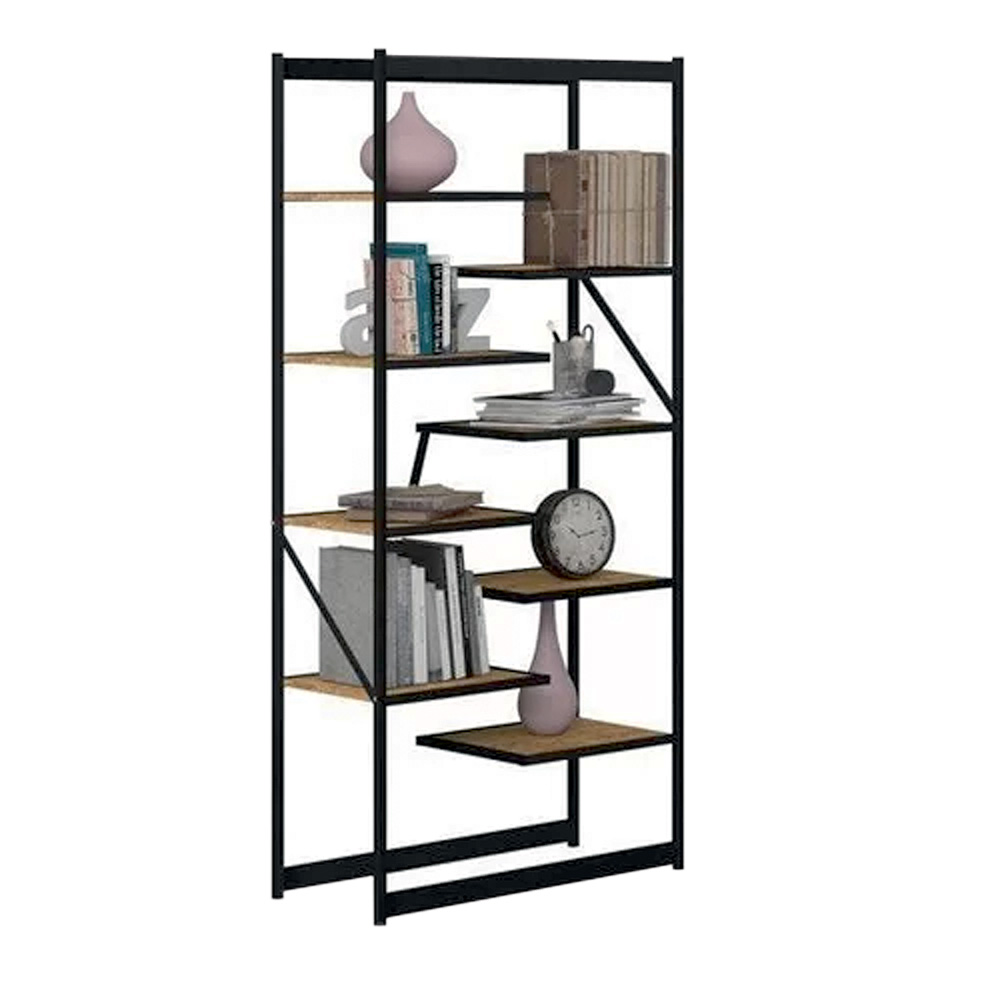 Estante tubular de metal preto, com prateleiras de madeira escura