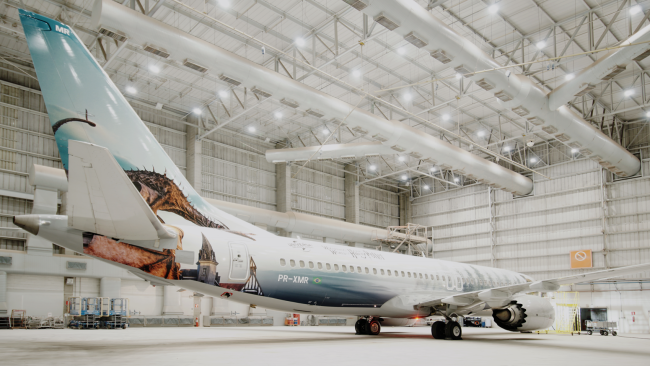 Avião do Harry Potter Foto mostra a traseira do avião com adesivo que mostra parte da vila de Harry Potter e do dragão