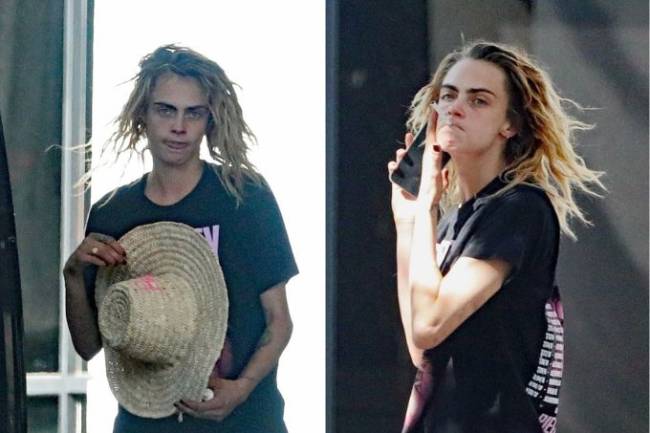 Montagem apresenta duas imagens de Cara Delevingne, com cabelos desgrenhados, olheiras, fumando cigarro e segurando chapéu