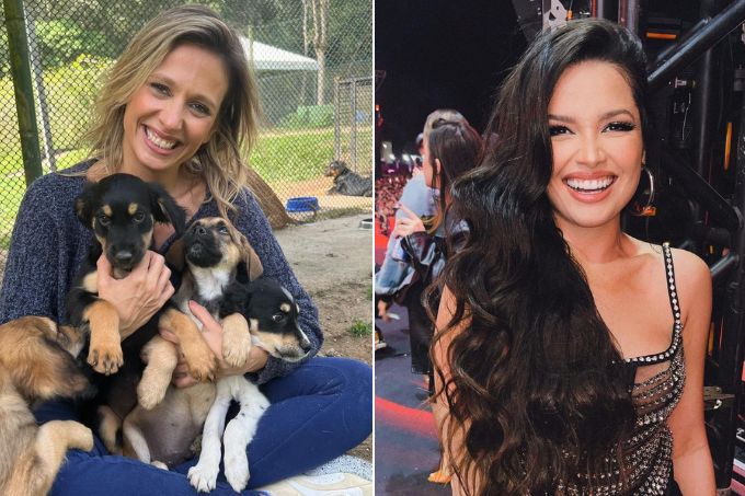 Montagem com foto de Luisa Mell sentada com filhotes de cachorro no cole e de Juliette em estúdio de gravação, ambas sorrindo