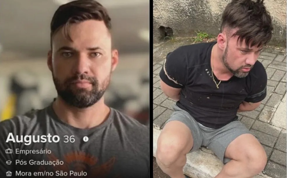 Montagem mostra captura de tela com perfil de Renan em plataforma de relacionamento e, à direita, Renan sendo preso pela polícia