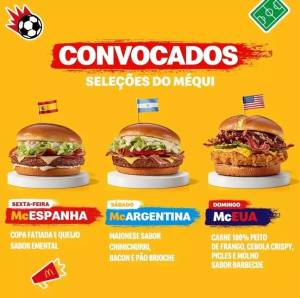 Cardápio Copa do Mundo McDonald’s Arte com McEspanha, McArgentina, McEUA