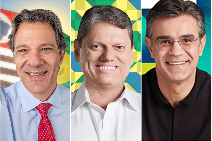 Montagem com fotos de Fernando Haddad, Tarcísio e Rodrigo