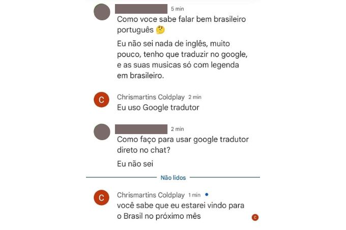 Captura de tela de conversa de aposentada com Chris Martin Captura de tela de conversa de aposentada com Chris Martin