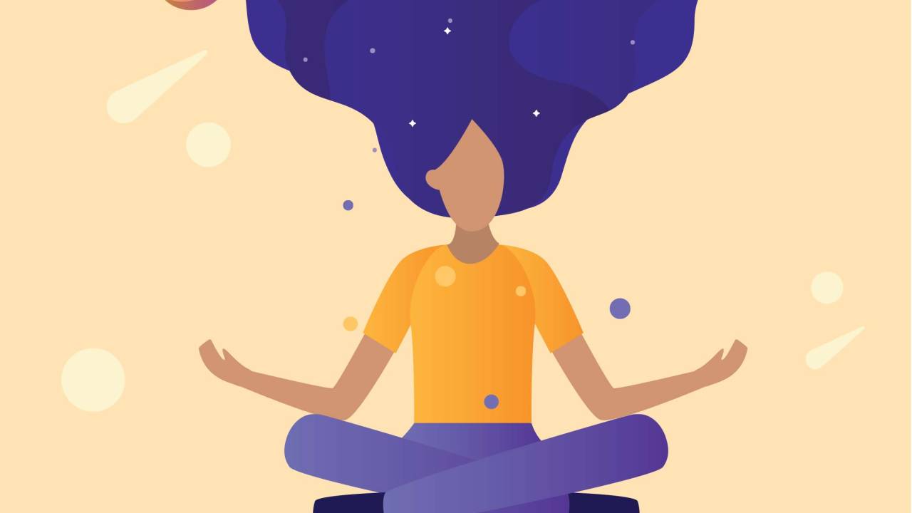 Ilustração de mulher com cabelo que se torna um universo