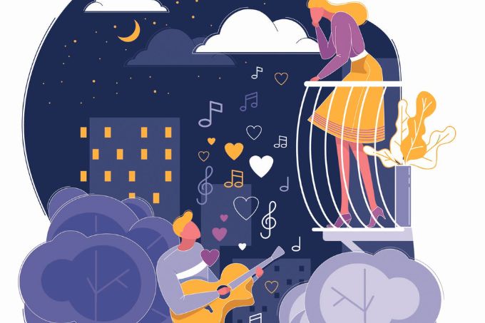 Ilustração mostra homem tocando uma serenata para mulher na sacada durante a noite. Predominam tons de azul, roxo e amarelo