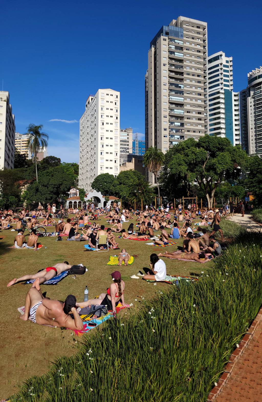 prainha parque augusta 1 Pessoas deitadas e sentadas no chão e em cadeiras de praia tomam sol no Parque Augusta. A maioria usa roupas de praia