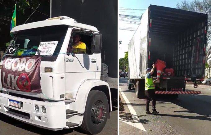 Caminhão usado para tirar cones da ciclofaixa de lazer usa cartaz golpista
