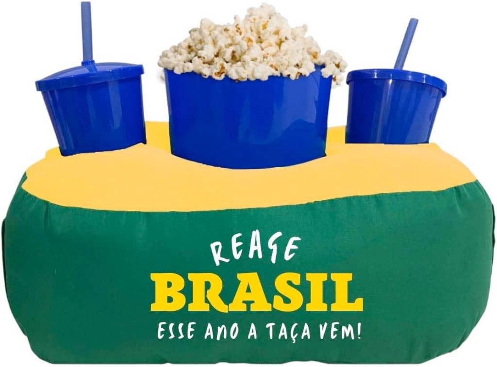Porta-pipoca Almofada temática do Brasil com suporte para copos e balde de pipoca