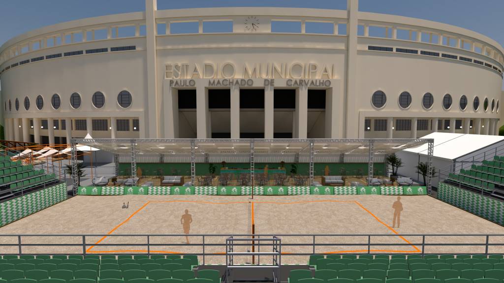 Praia Paulista – Projeto na Charles Miller (DIVULGAÇÃO) (18) Projeção 3D de projeto Praia de Paulista com área fechada em frente ao Estádio Pacaembu. A foto exibe fachada do estádio com estrutura de quadra de areia em frente.