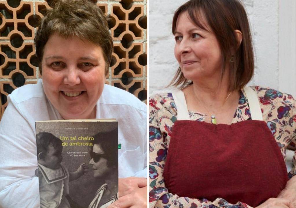à esquerda, a chef Roberta Sudbrack segurando um livro e, à direta, a chef Carla Pernambuco