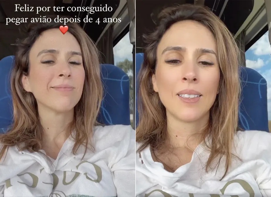Fotos de Tatá Werneck sentada em ônibus de viagem