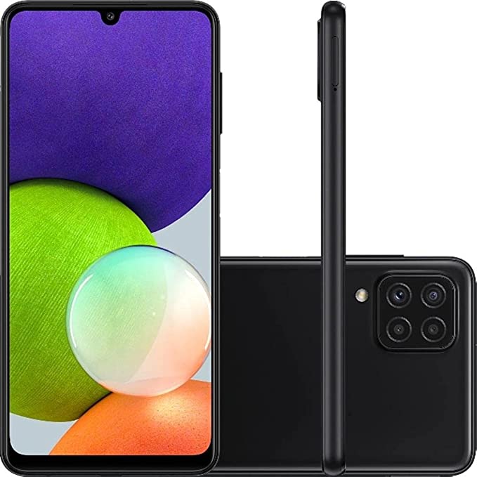 Celular Samsung Galaxy A22 preto visto de frente, de costas e deitado e de lado