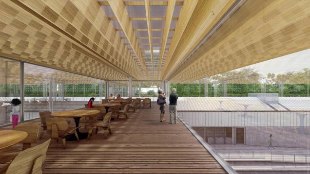 Mezanino com cafeteria, salas multiúso e varandas; Mezanino com cafeteria, salas multiúso e varandas;