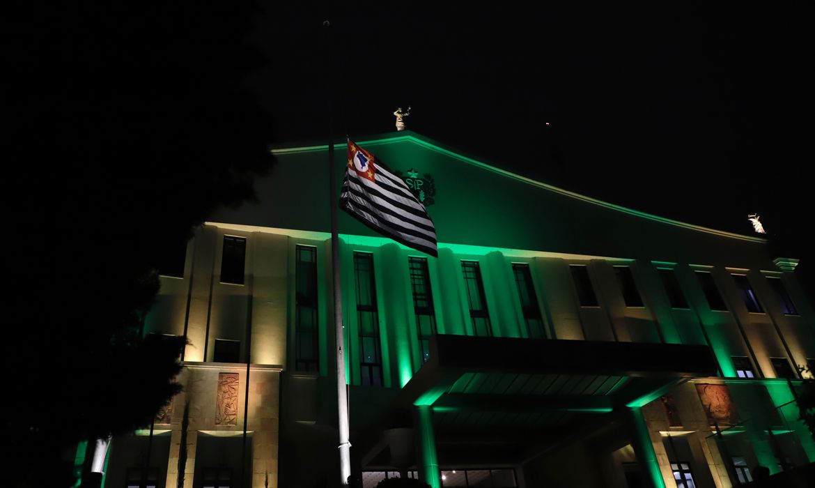 Fachada do palácio do governo iluminada em verde e amarelo
