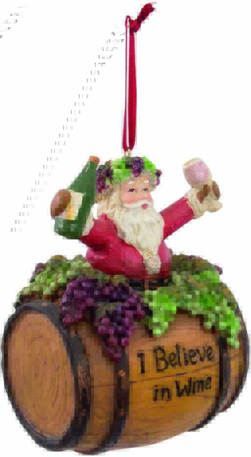Enfeite Papai Noelv.jpg Pingente de Papai Noel para árvore de Natal. Ele está sentada em cima de um barril e rodeado por uvas, enquanto segura uma taça e uma garrafa de vinho com os braços erguidos