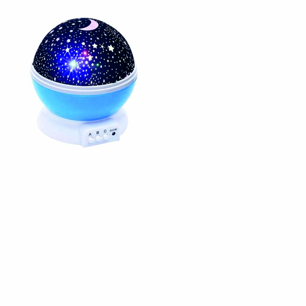 Lumin&aacute;ria projetora de estrelas. Tem formato de esfera e base azul clara