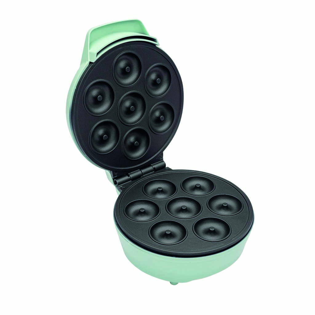 M&aacute;quina com capacidade para fazer 7 donuts. Cor externa verde menta