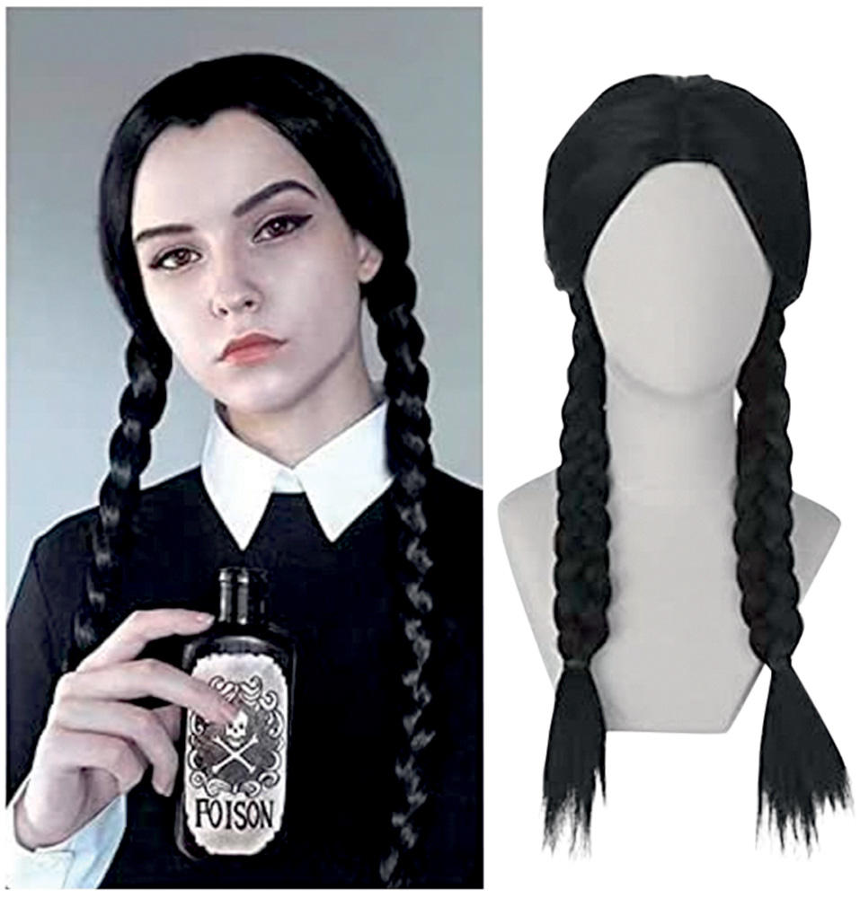 Peruca.jpg Duas imagens. À esquerda, menina com cabelo de trança e blazer sobre camisa branca. À direita, peruca sobre manequim