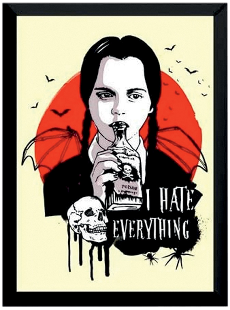 Poster.jpg Imagem mostra quadro em amarelo, vermelho e branco com desenho da Wandinha, da Família Addams