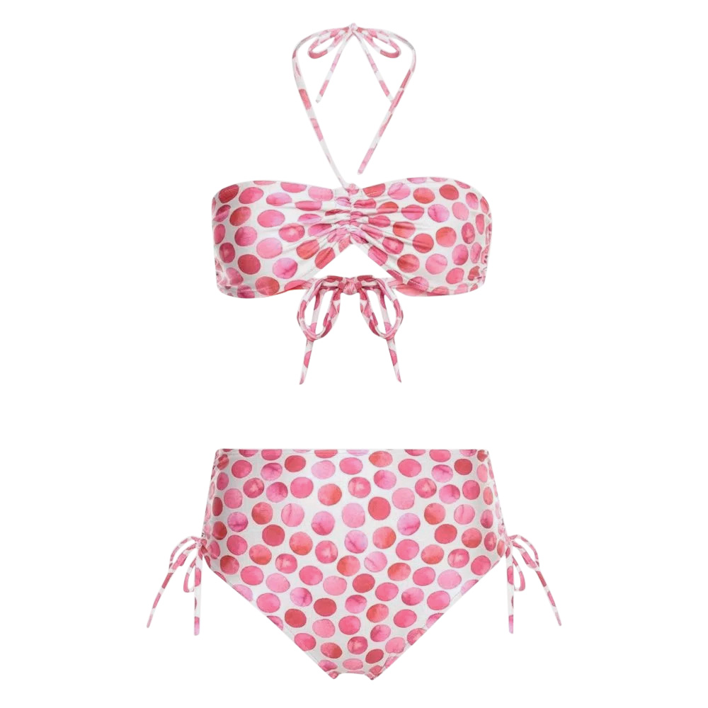 Biquini.jpg Biquíni com estampa de poá, com fundo branco e bolinhas cor-de-rosa. Modelo hot pant