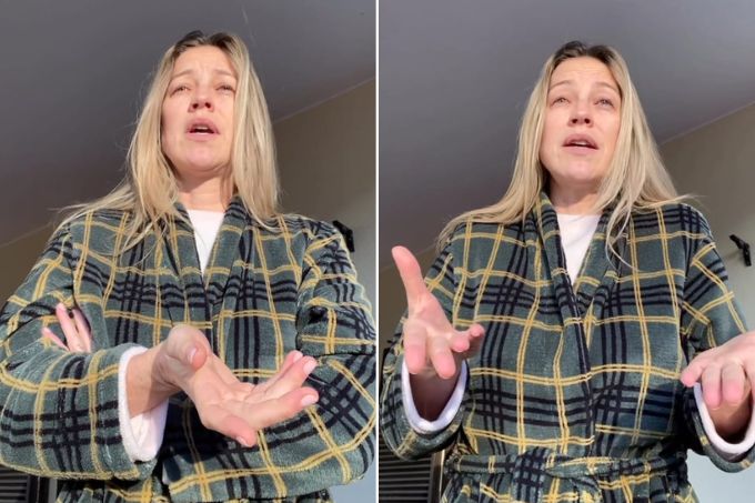 Montagem com duas fotos de Luana Piovani, uma mulher loira, articulando com as mãos