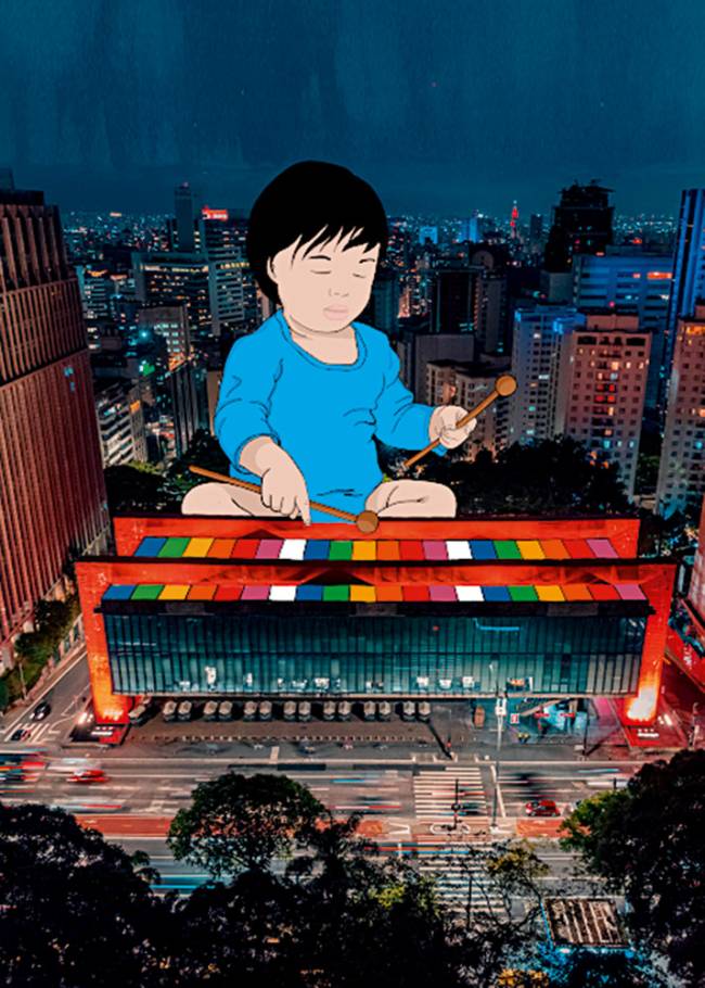 MASP Xilofone A3.png criança tocando um xilofone no telhado do Masp