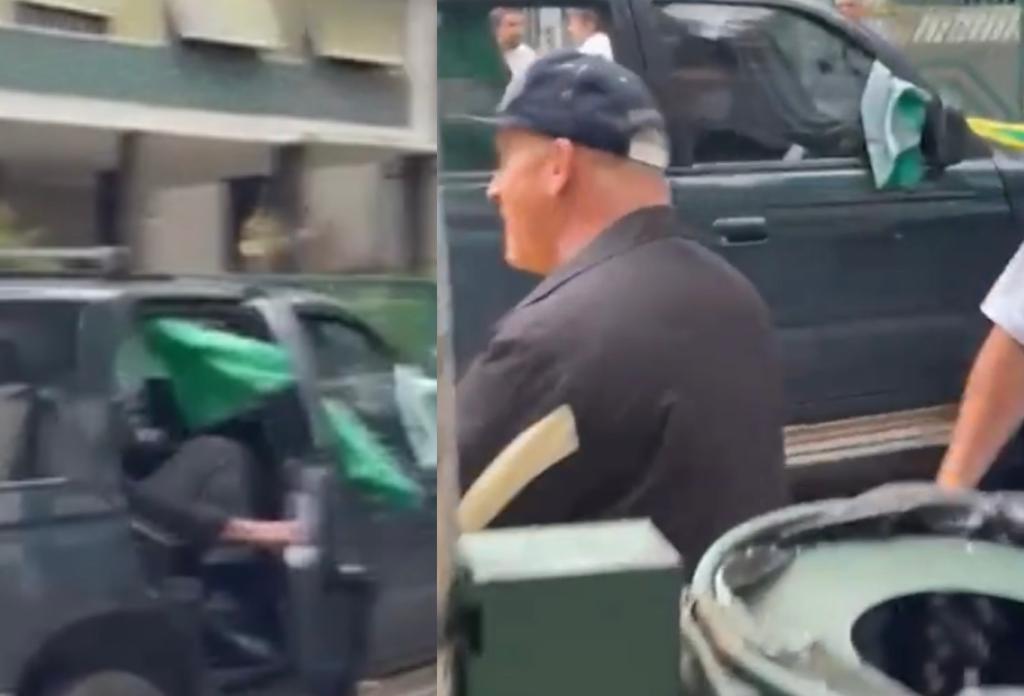 Imagem dividida em duas. À esquerda, uma porta do carro sendo aberta. À direita, um homem de boné visto de costas.