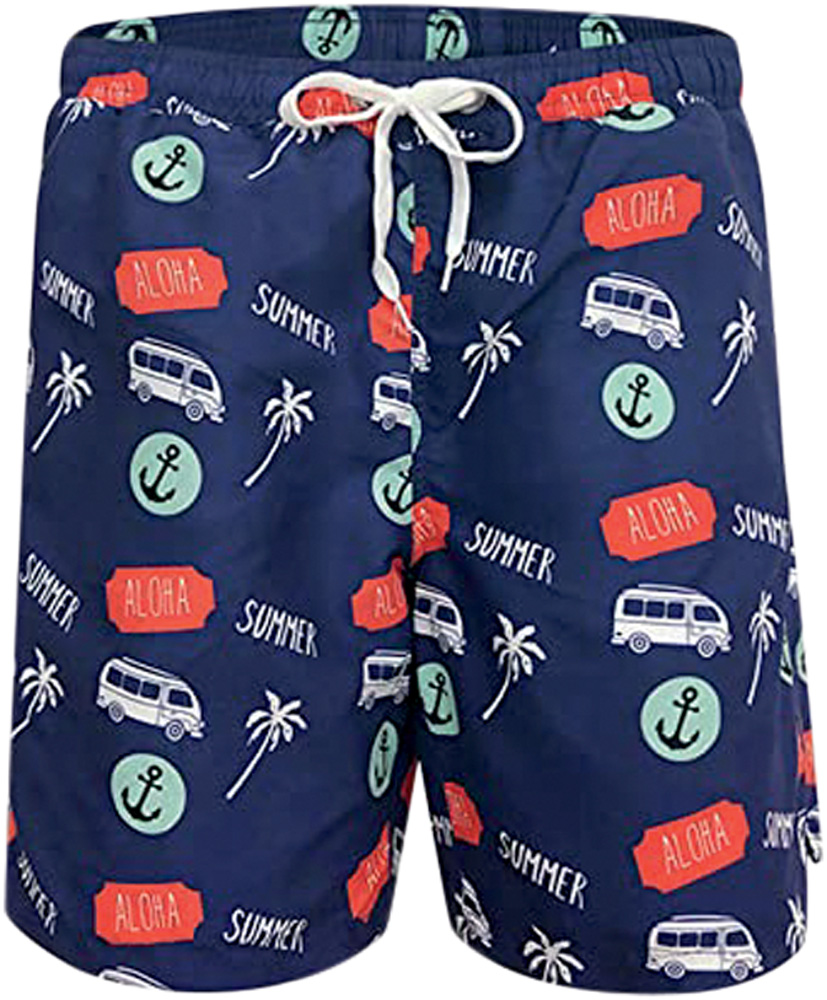 calção.jpg Calção de banho masculino azul marinho. Tem como estampa ícone que remetem à viagem, como coqueiros e uma kombi