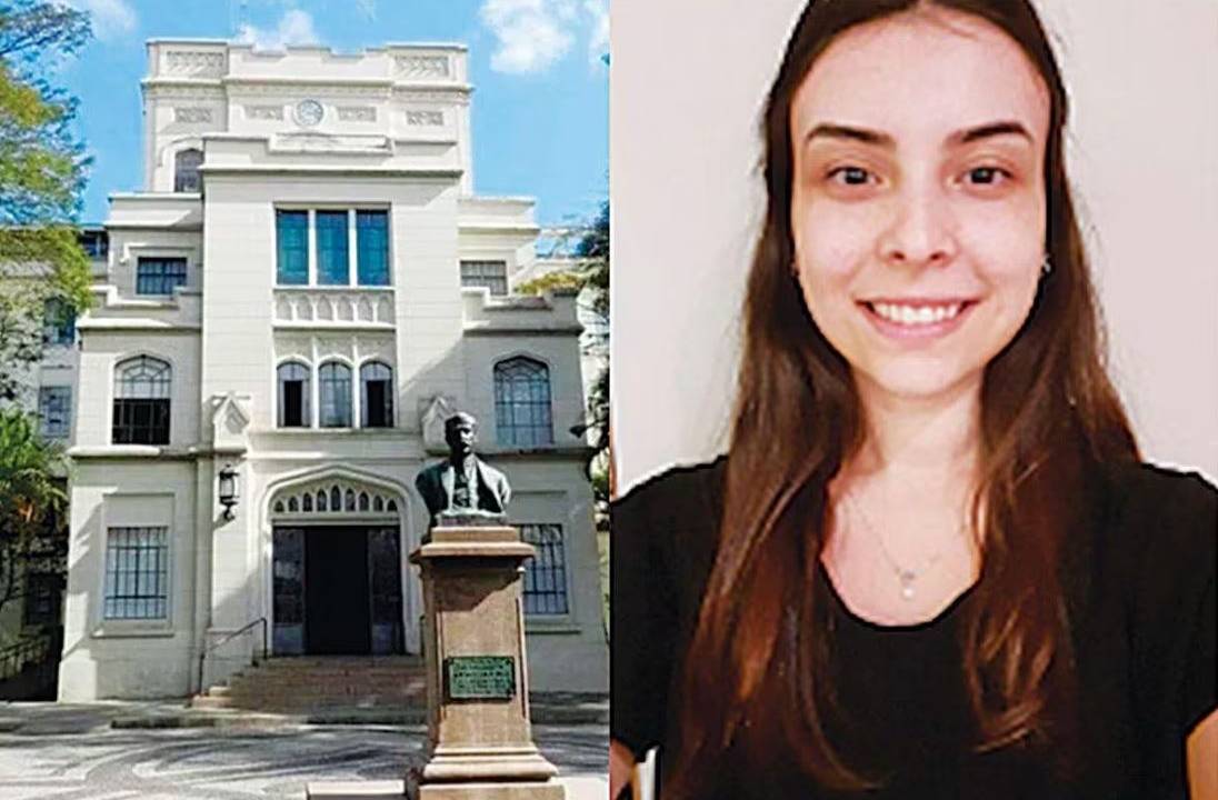montagem: imagem a fachada da faculdade e retrato de Alicia
