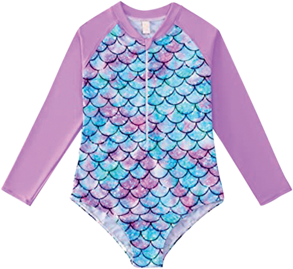 maiô.jpg Maiô feminino infantil com estampa azul e roxa de sereia e manga comprida