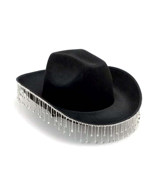 Chap&eacute;u de cowboy preto com franjas de strass que pendem
