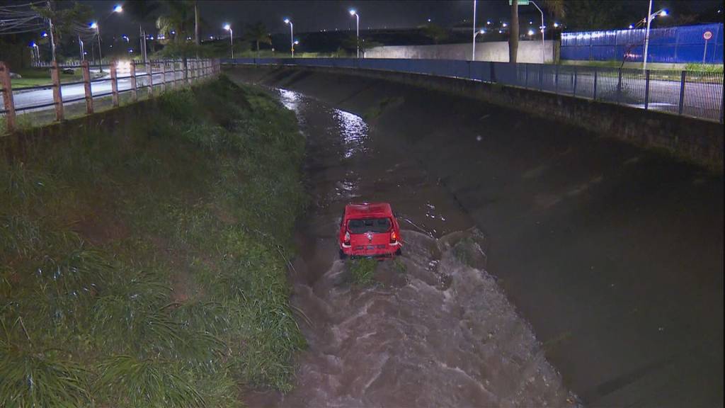 Córrego Arujá Imagem mostra carro vermelho dentro de córrego