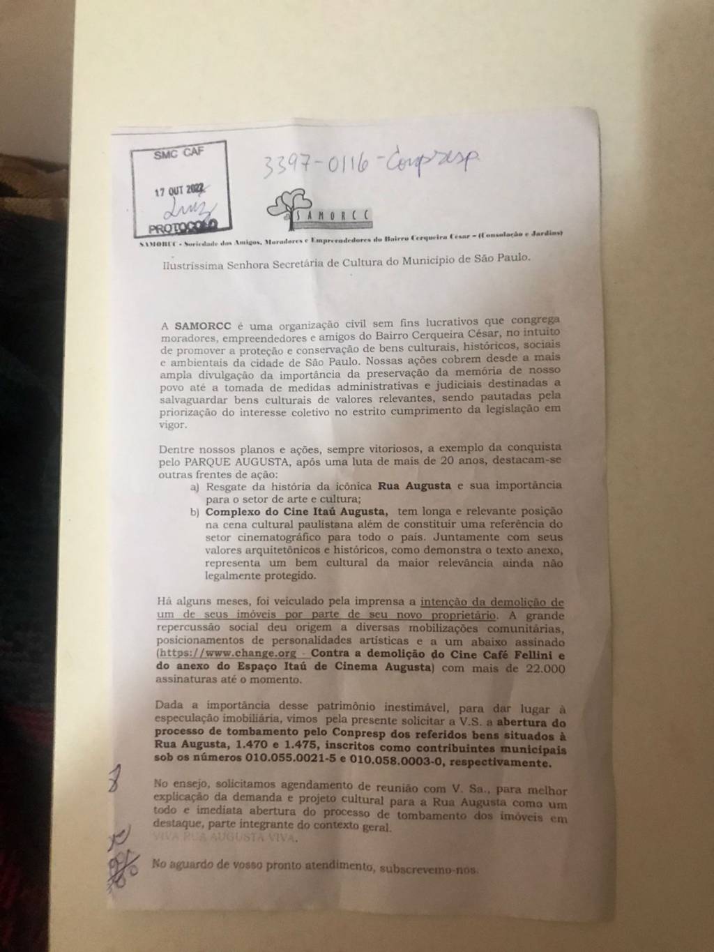 SamorccConpresp Ofício enviado pela Samorcc no dia 17 de outubro de 2022 e não respondido pela Prefeitura de São Paulo até o protocolo da ação na Justiça