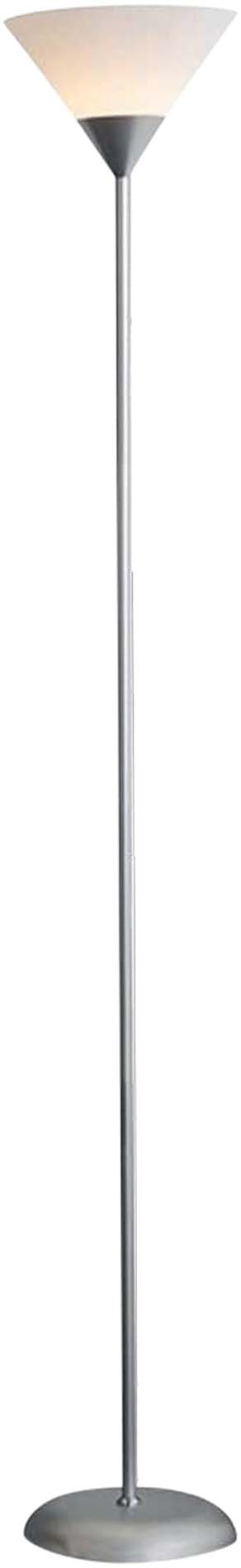 Abajur de ch&atilde;o minimalista. A base &eacute; de metal e a c&uacute;pula &eacute; branca e tem formato invertido