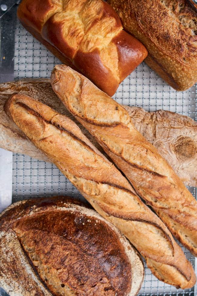 Pães Le Jazz Boulangerie Diversos pães dispersos sobre tela de metal