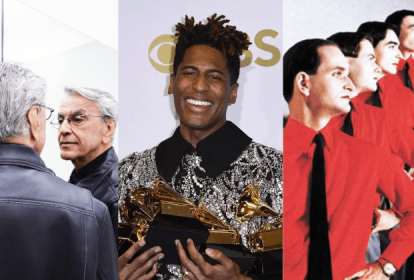 Três imagens. À esquerda, homem grisalho olhando no espelho. Ao centro, homem segurando diversas estatuetas do Grammy nos braços, rindo; à direita, quatro homens de perfil com ternos vermelhos