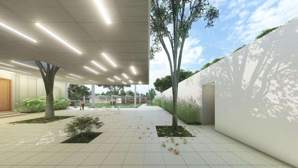 Reforma Ema Klabin (Rômulo Oraggio Beraldi-Divulgação) (3) Imagem 3D exibe jardim, passarela cinza e entrada em casa moderna com vidraças.