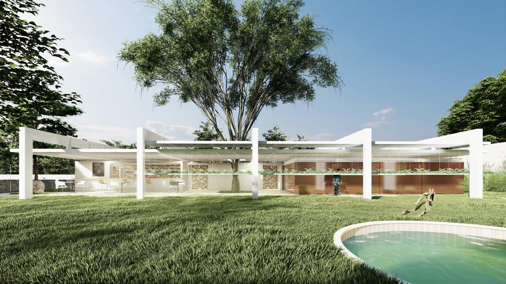 Reforma Ema Klabin (Rômulo Oraggio Beraldi-Divulgação) (4) Imagem 3D exibe jardim, gramado e entrada em casa moderna com vidraças.