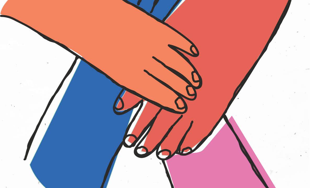 Desenho quatro mãos juntas: uma azul, uma laranja, uma vermelha e uma rosa