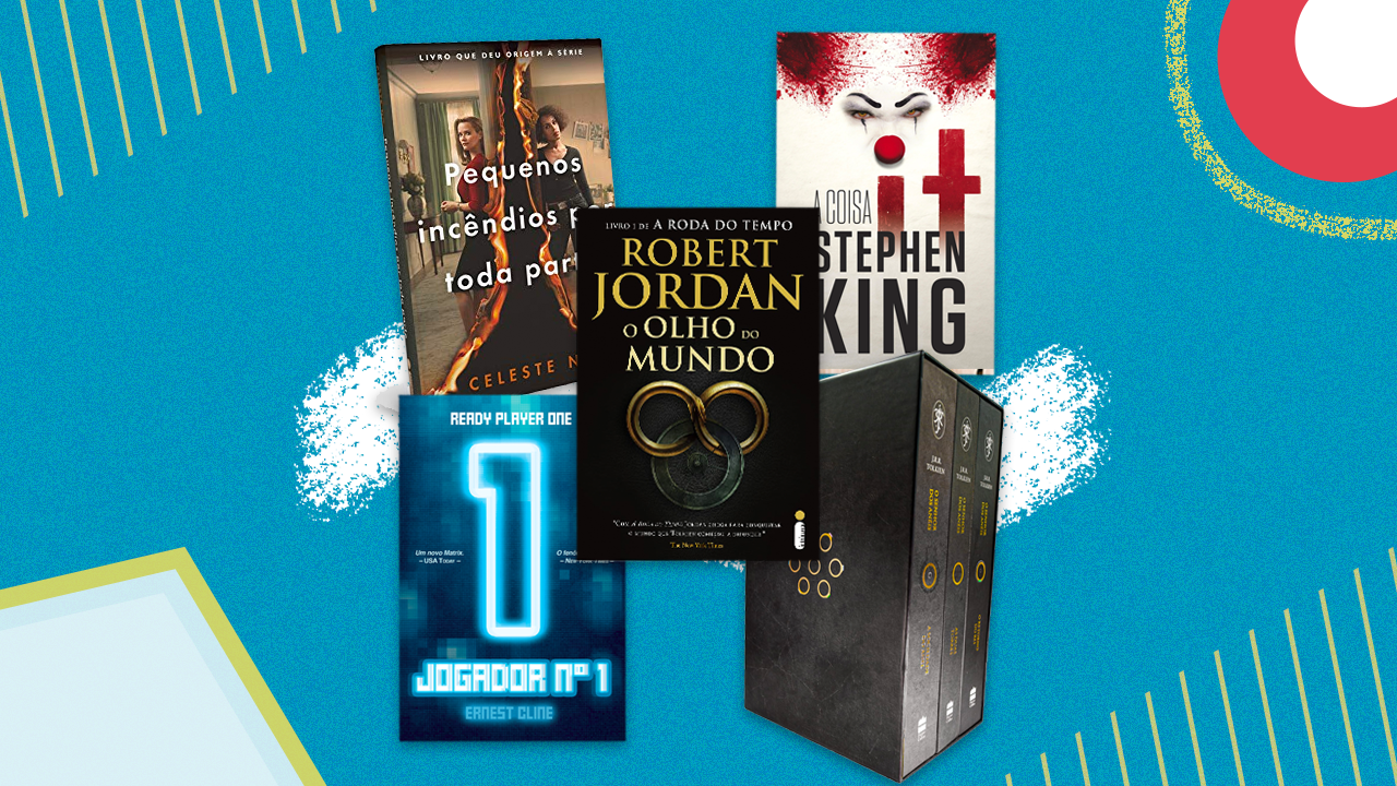 Montagem com livros que viraram séries e filmes