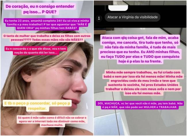 virginia story evaristo Dois screenshots, um com o rosto de uma mulher loira chorando, onde se leem frases dizendo que mulheres podem ser mães e também trabalhar e seus filhos terem babás sem que deixem de ser mães