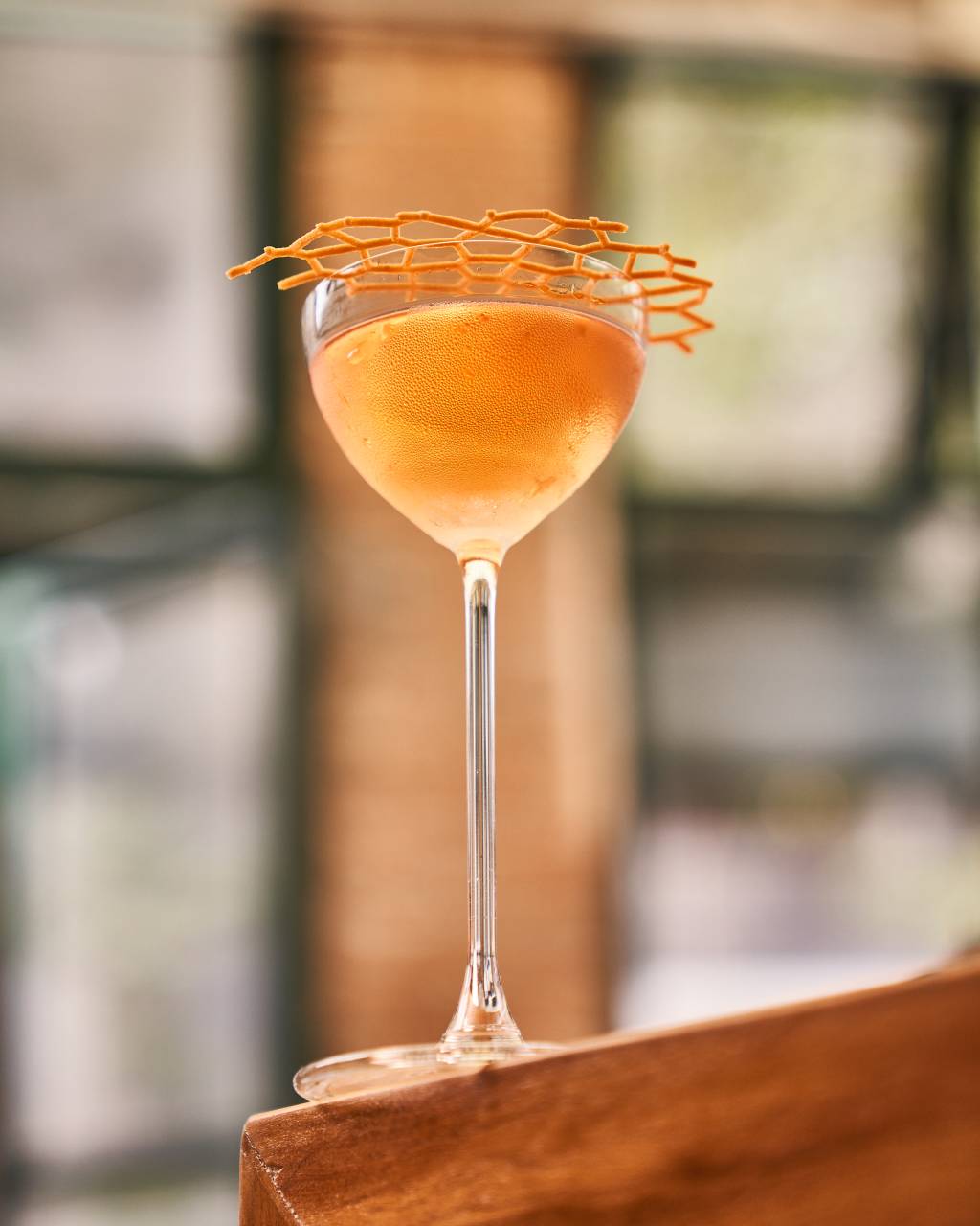 Bar dos Cravos Drinque alaranjado sobre bancada de madeira em taça de haste fina.